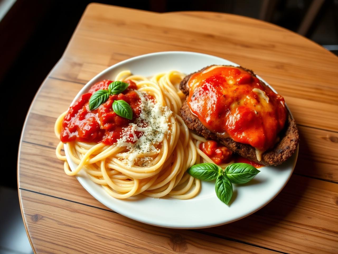 Foto do prato de Quinta-feira: Parmegiana de carne acompanhado de fettuccine ao pomodoro