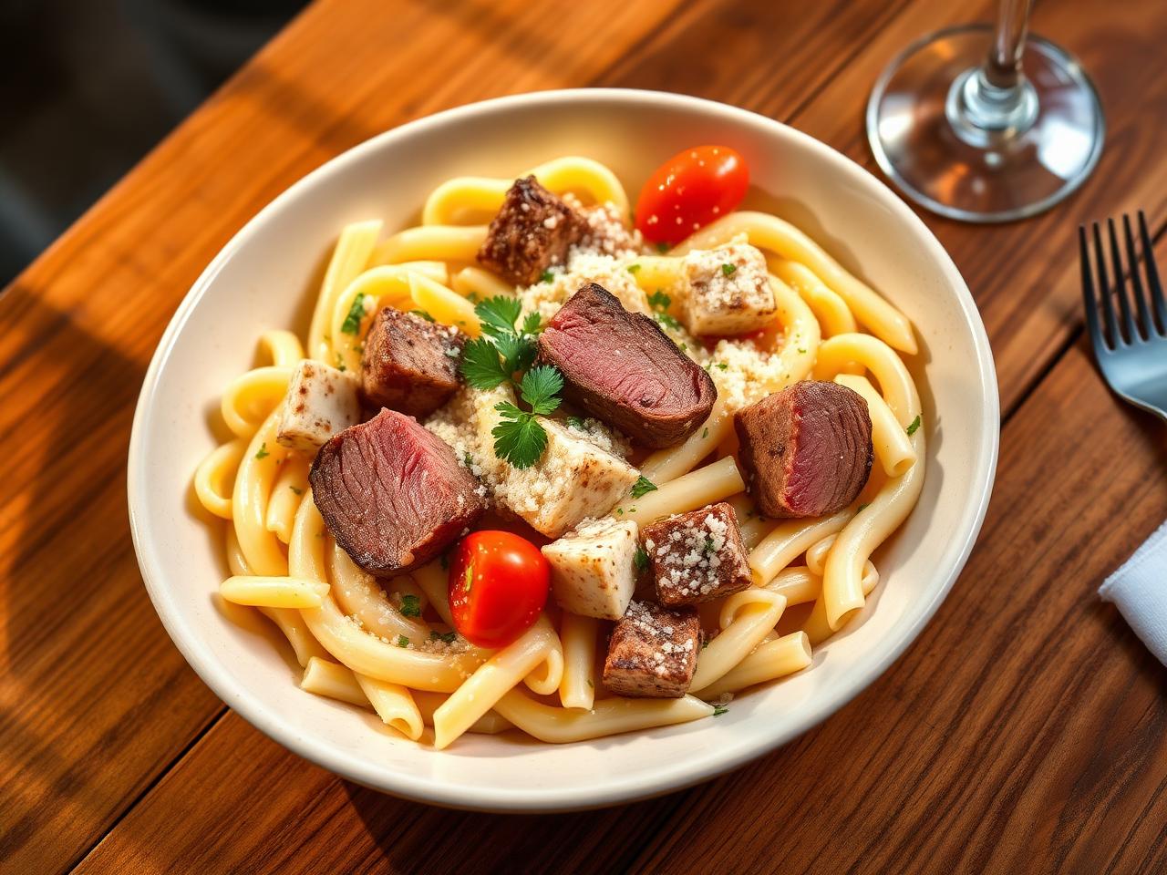 Foto do prato de Sábado: Penne ao molho Alfredo com cubos de mignon e tomate cereja
