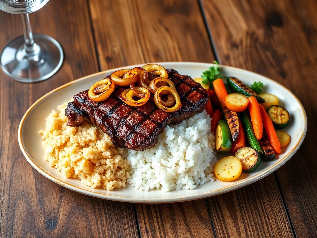 Bife ancho acebolado, arroz branco, farofa de banana e legumes grelhados — prato do dia na Boutique Café Araucária