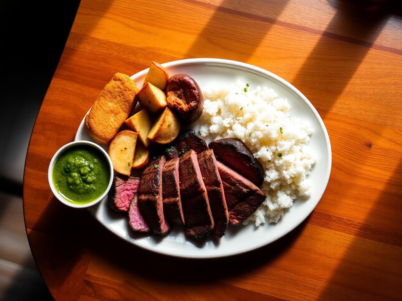 Foto do prato de Quarta-feira: Picanha da casa, acompanha arroz branco, farofa, batatas rústicas e molho chimichurri