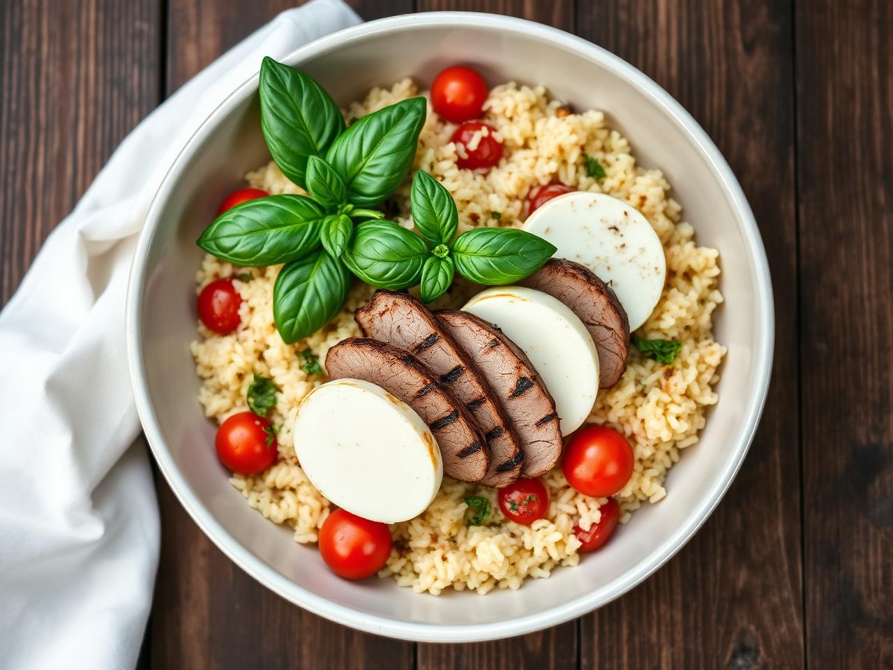 Foto do prato de Terça-feira: Risoto de caprese com tiras de alcatra