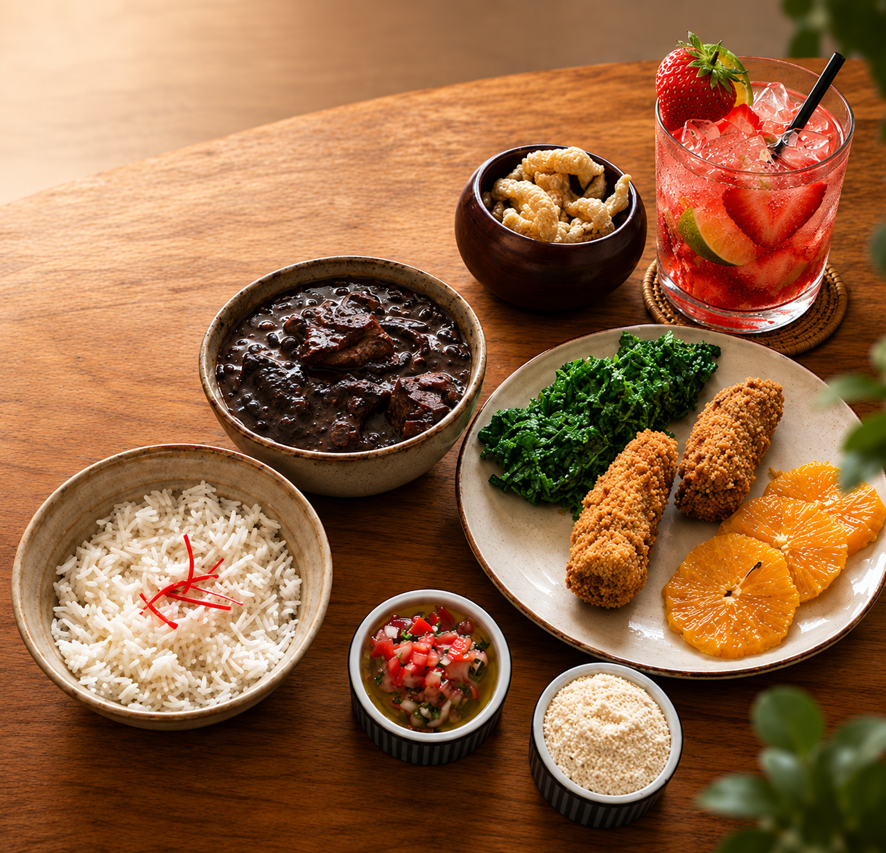 Foto do prato de Sábado: Feijoada completa com arroz branco, couve, torresmo, laranja e acompanhamentos